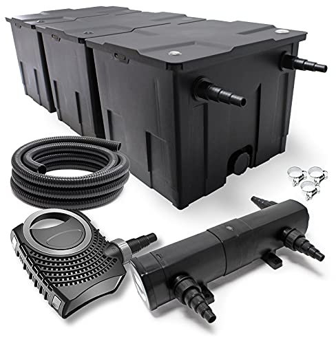 Wiltec Komplettset: CBF-350C Teichfilter bis 90000 L Teichfilteranlage Durchlauffilter, NEO8000 Teichpumpe 8000l/h 70W, CUV-236 Teichklärer 36W, 10m Teichschlauch 38 mm, Schlauchschellen W1 44-47mm