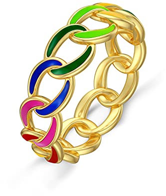 MUUYON Gold Bunte Damenring Bandring für Frauen aus 925 Sterling Silber Spinner Ring im Chunky Chain