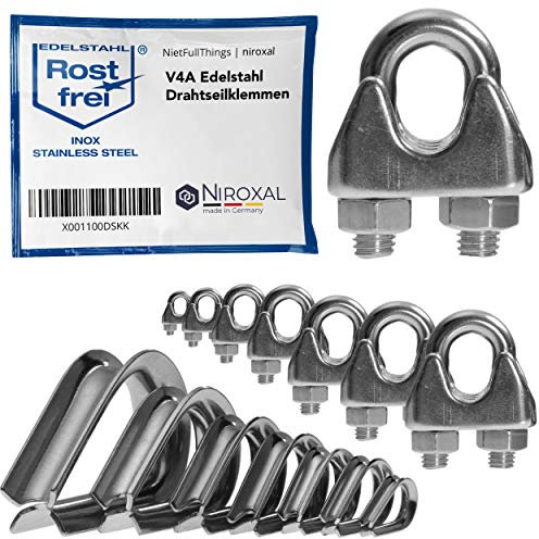 10 mm, 1 morsetto per fune metallica inossidabile/morsetto per filo di ferro adatto per diametro di 10 mm, in set con cricchetto abbinato, in acciaio inox V4A per cavo d'acciaio/filo d'acciaio