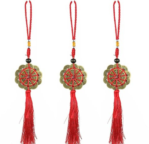 DUjuanhong 3PCS Encantos de Monedas de Suerte Cinco Monedas Chinas Feng Shui Borla Colgando Moneda de La Fortuna con Nudo Chino Rojo I-Ching Suerte Cobre para Salud Éxito Riqueza