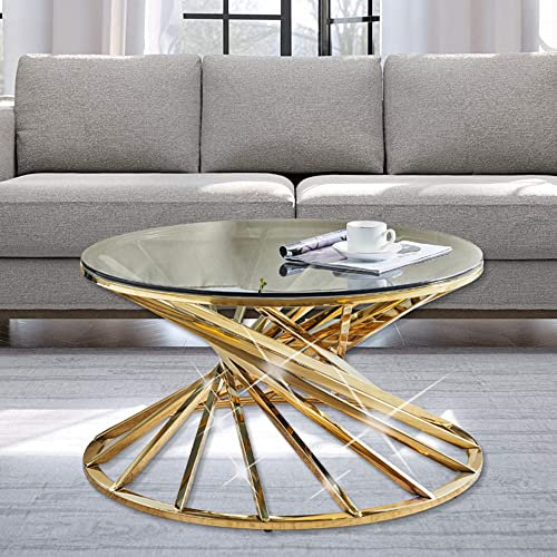 ZOONFA Round Golden Tea Table with Black Grey Tempered Glass Top- Stunning Chrome Stainless Steel Leg Large Circle Coffee Table for Home Living Room (Gold)