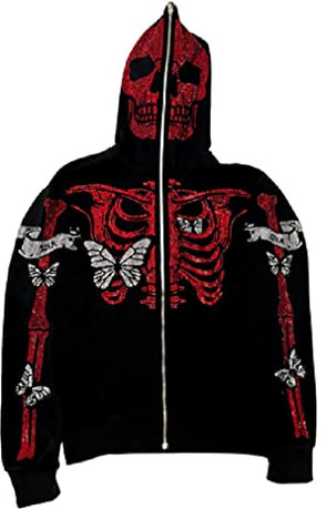Damen Strass Skelett Hoodie Goth Zip Up Sweatshirts Casual Oversized Hooded Langarm Ästhetische Pullover Jacken Tops, C, 38