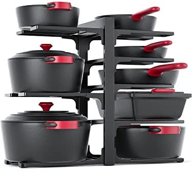 MUDEELA Pots and Pans Organiser, Pans Rack for Cupboard, 8-Tier Heavy Duty Adjustable Pot Organiser Rack for Kitchen Cupboard Storage and Organisation