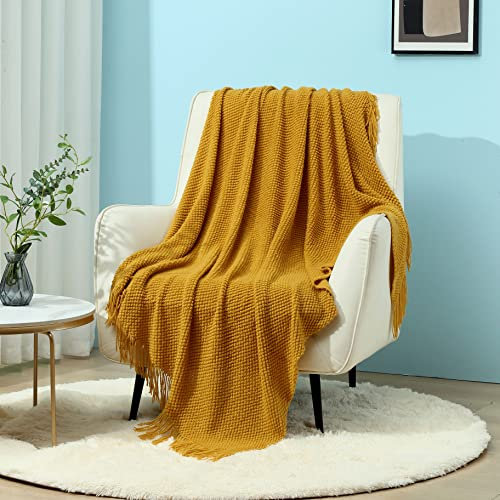 CREVENT Gestrickte dekorative Überwurfdecke für Couch, Sofa, Stuhl, Bett, weich, warm, gemütlich, leicht, für Frühling und Sommer (127 x 152 cm, Senfgelb)