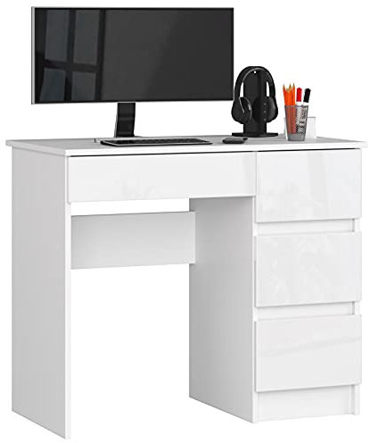 AKORD Bureau avec Rangement | Table avec 4 Tiroirs | Haute Qualité | Pour Adolescent Garçon | Petit Meuble Ordinateur | Blanc/Blanc Brillant