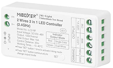 LGIDTECH LC2-RF 2 Drähte 2-in-1 LED Controller RF 2,4 GHz,verwendet für einfarbige und COB 2 Drähte CCT Dual White Color LED Strip Light,Smartphone APP Steuerung über Gateway (ausgeschlossen)