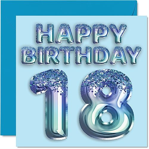 Stuff4 Tarjeta de cumpleaños número 18 para hombres, globo de fiesta con purpurina azul, tarjetas de feliz cumpleaños para hombre de 18 años, hermano, hijo, sobrino, tío, 145 mm x 145 mm, tarjetas de
