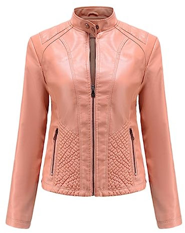 Hdhdeueh Veste de moto en similicuir avec fermeture éclair et col montant pour femme, rose, XL