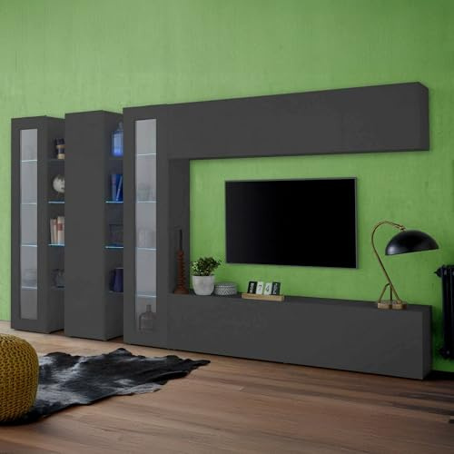 Dmora - Ausgestattete Wand Clemente, 5-türiges TV-Ständer-Wohnzimmerset, Mehrzweck-Wohnzimmermöbel, 100% Made in Italy, 340 x 30 x 180 cm, Anthrazit,