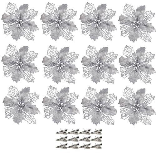 12 Pcs Christmas Flowers Large (16CM) Poinsettia Glitter Flower With 12 Clips Christmas Tree Floral Ornaments Christmas Wreath Filler for Xmas Wedding Party Decorations, Silver