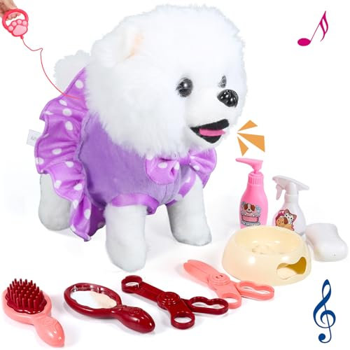 GOBRILLFUN Jouet interactif en Peluche pour Chiot, Chien Robot à Queue remuante réaliste, Ensemble de toilettage, Cadeau d'anniversaire de Noël, Jouets pour Filles et garçons, Enfants de 3, 4, 5, 6