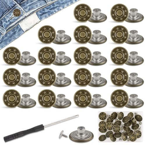 Svalor Lot de 24 boutons de rechange pour jeans Ø 20 mm avec tournevis, bouton sans couture en laiton pour réparation de jeans, pantalons (motif étoilé)