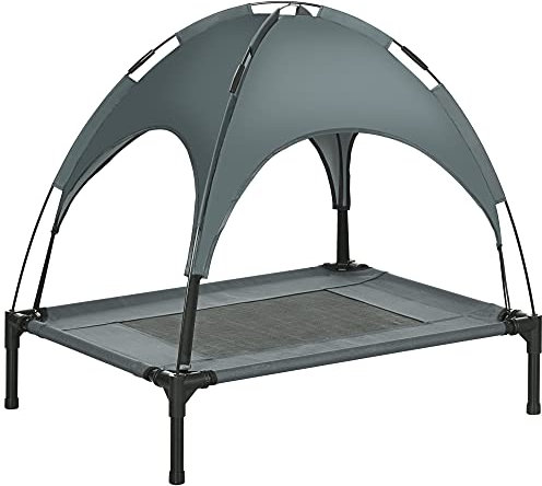 PawHut Raised Dog Bed Waterproof Elevated Pet Cot with Breathable Mesh UV Protection Canopy Grey, for Medium Dogs, 76 x 61 x 73cm