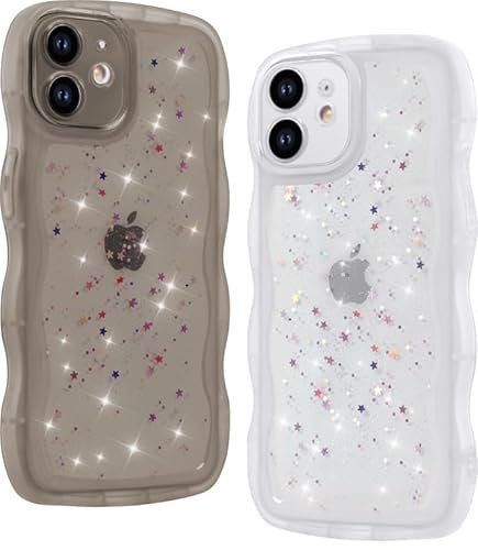 Foonary 2 Pezzi Trasparente Cover per Apple iPhone 11 6,1 Custodia, Aesthetic Glitter Stella Design Cellulare Silicone Morbido TPU Bordi Curvi Ondulati Nero Antiurto Protettiva Case per iPhone 11
