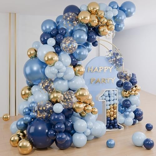 Kit Arco Palloncini Blu Marino e Oro, 104 Palloncini Azzurri per Compleanno con Coriandoli, Decorazioni per Ragazzi, Baby Shower, Laurea, Matrimonio