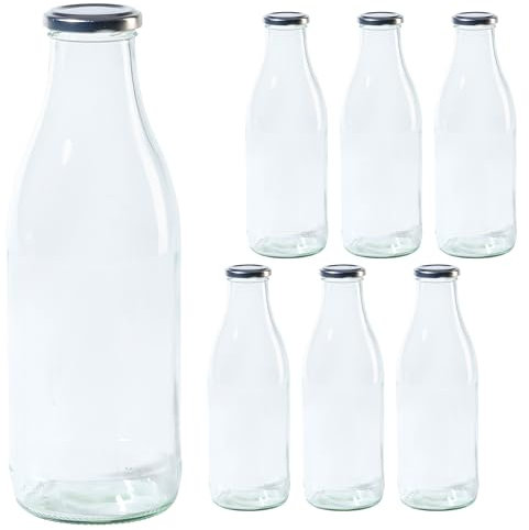 Vitrea 6 leere Glasflaschen 1 Liter Schraubverschluss Silber - Milchflaschen, Saftflaschen, große Flaschen zum Befüllen mit Deckel - für, Saft, Smoothies, Öl - 6 Stück, TO48, Milch