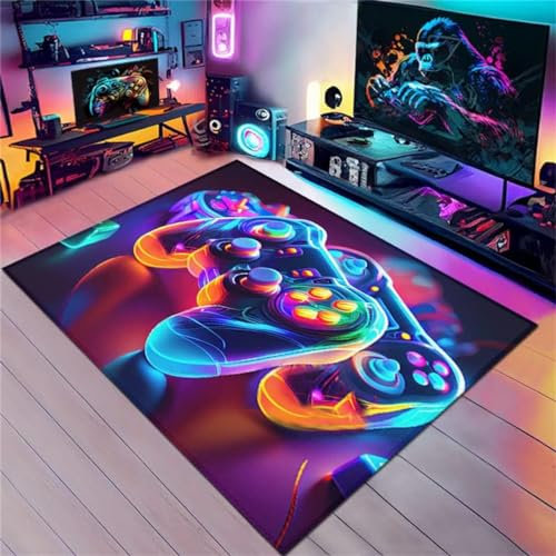 Spiele Bereich Teppiche Jugendzimmer Jungen , Neon Modern Cool Tech Stil Teppiche, Kinder Teenager Gamer Gamepad 3d Gedruckter Teppiche, Waschbar Anti-Rutsch-Spiel Wohnzimmer (Schwarz,160x200cm)