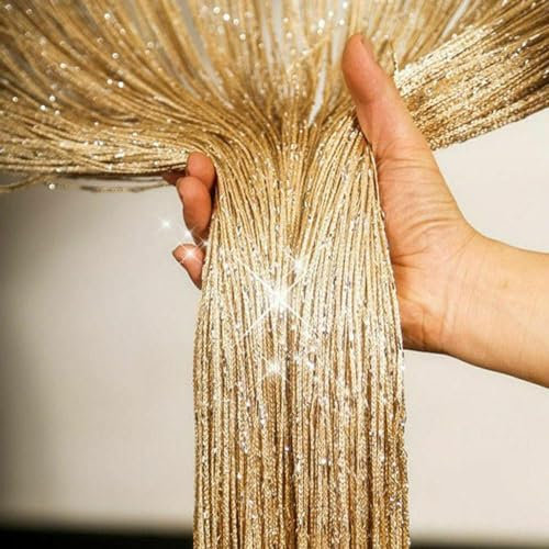 String Curtain Panels Door Fly Screen Room Divider Net Hanging Glitter Curtains,Decorative Tassel Ribbon Strip Silver Screen for Living room,Bedroom,Party Events (Gold, 39 x 79)