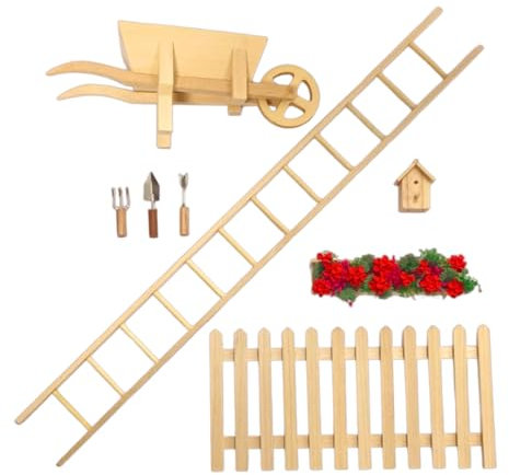 Dolls House Garden Pack, Picket Fence, Window Box, Wheelbarrow, Bird Box, Garden Tools, Ladder | Minimum World