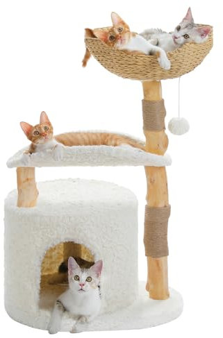 PAWZ Road Modern Cat Tree with Natural Solid Wood Scratching Post, 38 Inches Cat Tower with Spacious Wicker Basket, Cozy Condo and Curved Platform, Aesthetic Cat Tree House for Indoor Cats, White