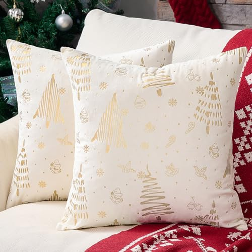 Topfinel Kissenbezug 50x50 Weihnachten Creme 2er Set Samt Kissenbezüge Kissenhülle Deko für Dekokissen Sofakissen Couchkissen Weihnachtsdeko Geschenk Wohnzimmer Schlafzimmer