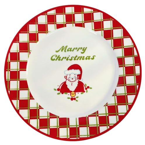 PLUSHCEWT Assiettes à Salade en Céramique Motif Père Noël - Rouges et Blanches pour Noël, Dîner, Dessert d'Hiver, Pâtes et Apéritifs