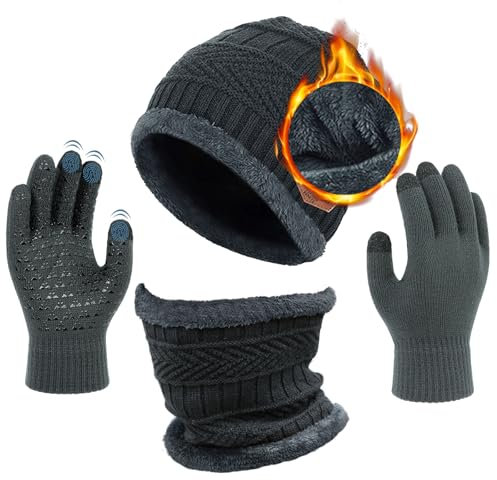 AOUVT Wintermütze Schal Touchscreen Handschuhe Set, Mit Wolle Gefütterter, Warmer Strickmützenschal Unisex Beanie Strickmütze Winterhandschuhe Elastische Mütze, Handschuhe, Halstuch Set