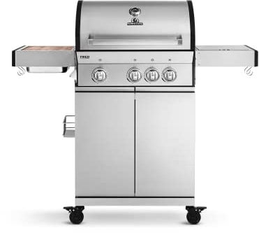 BURNHARD Barbecue a Gas a 3 fuochi Deluxe con bruciatore ceramico a infrarossi a 900°C e Piano di Cottura Laterale, Carrello per Barbecue in Acciaio Inox da 13,5 kW con tavolini Pieghevoli