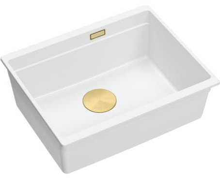 QUADRON Fregadero LOGAN 100 en GraniteQ, color: blanco, 59,5x45,1x21,5 cm, fregadero de 1 cubeta, de un seno, bajo encimera con sifón manual, dorado, fregadero de cocina de granito