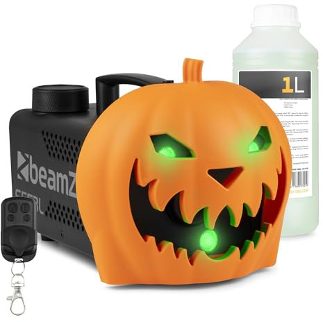BeamZ S553L Nebelmaschine Halloween Deko mit LED Kürbis Kopf - 550 Watt Rauchmaschine mit 1L Flüssigkeit, 2-in-1 mit Halloween Kürbis Deko, 16 Farben Lichteffekt, Soundeffekt Nebelmaschine Mini