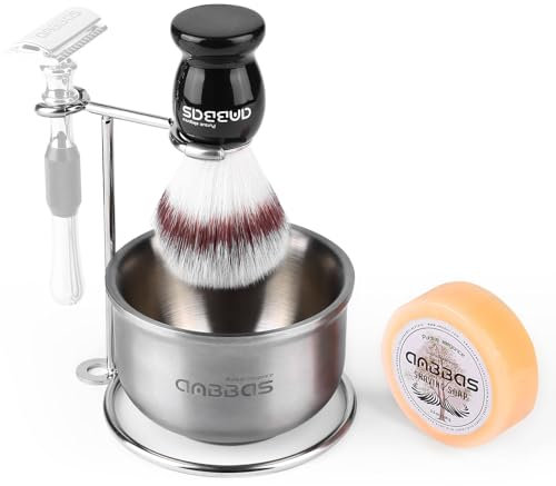 Anbbas Synthetic Badger Shaving Brush,Stainless Steel Shaving Razor and Brush Stand and Lathering Foam Bowl,3.5 oz Natural Shaving Soap Puck Refill for Men