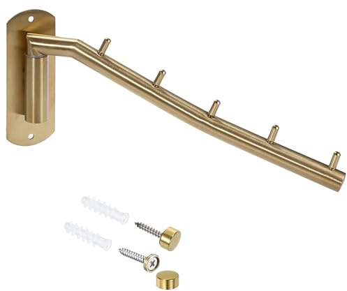 Sumnacon Stainless Steel Clothes Hanger Rack-Wall Mount Garment Hook with Swing Arm, Sturdy Coat Robe Storage Organizer for Laundry Room Bedrooms Clothing Drying Rack with 5 Hooks, Gold