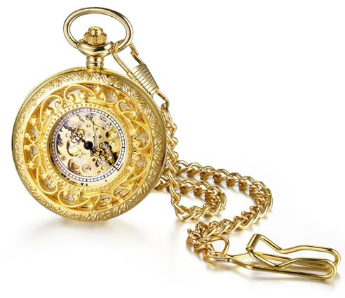JewelryWe Taschenuhr Gold Automatik Uhr: Vintage Hohle Geschnitzte Muster Automatische Mechanische Kettenuhr Römische Ziffern Skelett Uhr mit Kette Taillenkette Geschenk für Herren Damen