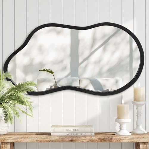AAZZKANG Großer unregelmäßiger Spiegel 55x30cm Schwarzer asymmetrischer Wandspiegel Dekorativer Holzrahmen Spiegel für Badezimmer Schlafzimmer Wohnzimmer Eingangsbereich