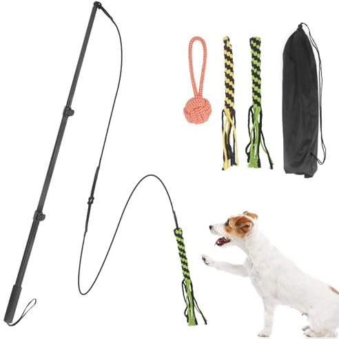 MoYouno Flirt Pole Rope for Dog Toy,Detachable and Interactive Teaser Training Wand, Tether Lure Toy with Chewing Rope, for Small Medium Large Dogs Pulling Chasing Chewing Training ﻿ (102cm)