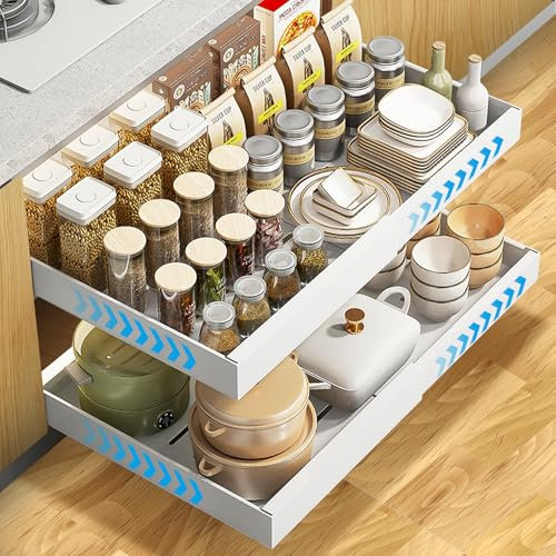 EOJDDPA Telescopic Pull Out Cabinet Organiser,2 Pack Pull Out Drawers for Kitchen Cupboards, Adjustable Width 31.5-52cm | No Drilling Installation, Heavy Duty Steel Rails, Multi-Use Storage