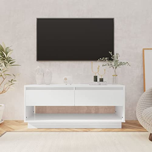 Mueble de TV de 102 cm, con 2 cajones y estante abierto, pequeños armarios de almacenamiento para televisores de hasta 40 pulgadas, para sala de estar, dormitorio, color blanco brillante
