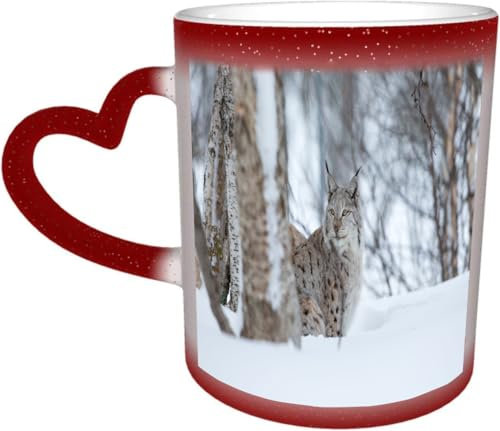 DOHXQM Kaffeetassen – Farbwechseltasse, Magic Mug,bedruckt, aus Keramik, Fassungsvermögen ca. 330 ml,Keramik - Geschenkidee,Europäischer Luchs im Schnee. Kalter Winter im Februar in Norwegen.