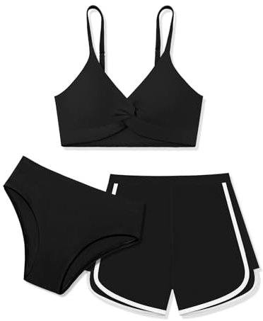 Mädchen-Badeanzüge mit Shorts, gedrehtes Kreuz-Bikini-Set, Teenager, Mädchen, Badeanzug mit verstellbaren Schultergurten, Schwarz, 15-16 Jahre