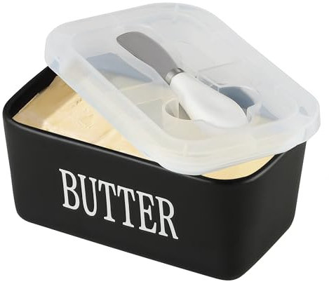 Besmeety Beurrier en céramique avec couvercle - 650 ml - Grand récipient à beurre avec joints en silicone - 17,5 x 10,2 x 7,6 cm - Noir - 650 ml