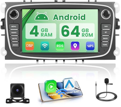 5G WiFi 4+64G Android Radio de Coche para Ford Focus S-MAX Mondeo Galaxy C-MAX Kuga Inalámbrico Carplay, 7 Pulgadas Pantalla Táctil Autoradio Bluetooth Android Auto GPS FM/RDS Cámara Trasera
