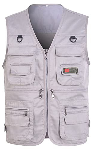 kuiazelit Gilet de pêche pour homme/femme, quatre saisons, plein air, travail, safari, pêche, voyage, cargo, gilet sans manches, gilet en maille photo, gilet respirant multi-poches, gris, XL