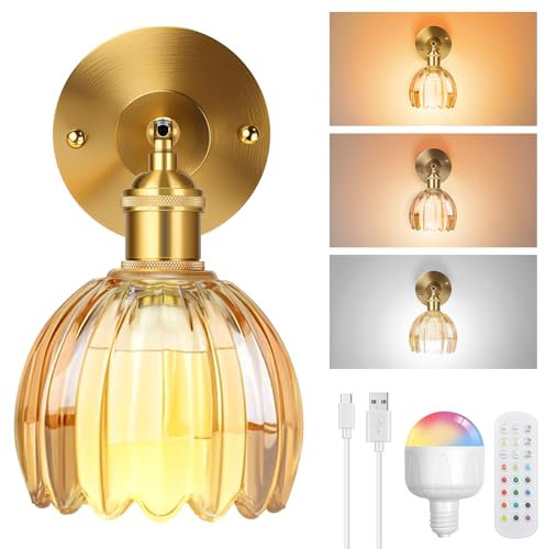 SERBASIC Vintage Battery Operated Wall Lights,Rechargeable Wall Light Indoor with Detachable Bulbs and Remote,3 Color Temperature&12RGB Wireless Wall Sconces for Living Room Bedroom Hallway