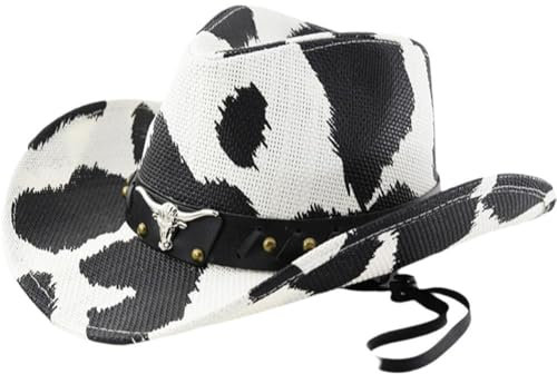 Tsffae Chapeau De Cowboy Western Imprimé Vache en Paille Occidental à Bords Roulés pour Accessoires De Fête De Robe d'Halloween