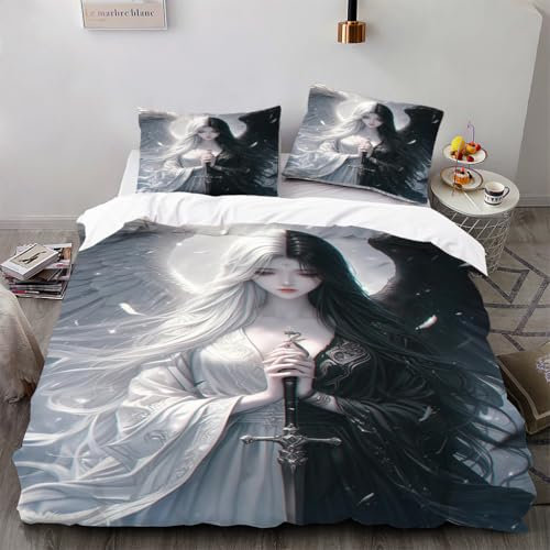 FUHAOLI Bettwäsche 135x200cm，Engel des Lichts und der Dunkelheit Bettbezüge 80×80 cm Kissenbezügen Mikrofaser Bettbezug,3teilig,3D Druck Farbmuster Bettbezug,mit Reißverschluss（135×200 * 1+80×80 * 2）