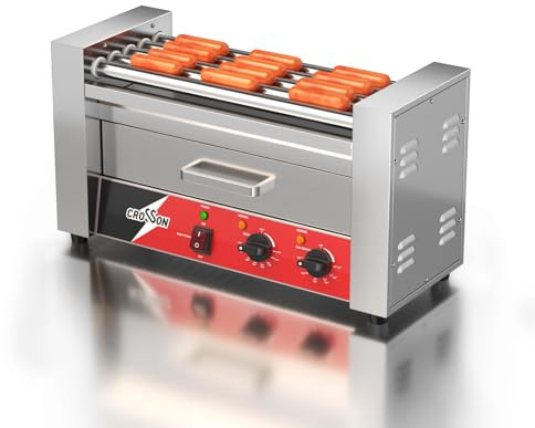 CROSSON Hot Dog Maschinen 5 Rollen mit Brötchenwärmer,12 Hotdogs Machine Elektrogrill mit Temperaturregler Für Party, Haushalt und Gewerbe,1050W