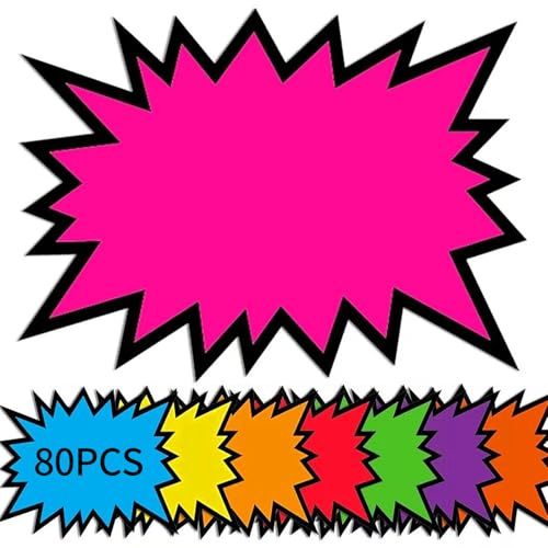 ZWWOGE 80 Stück Preisschilder Flohmarkt Fluoreszierende Preisschilder Blanko Starburst Burst Preis Zschilder Neon Preisschilder price tag für Supermärkten Geschäft Ladengeschäft, 12.8x7.2cm