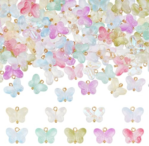 GOMAKERER 108 Stück 9 Farben Glas Schmetterling Charms, 10mm Kristall Bulk Schmetterling Glitzer Insekten Charms Transparent Niedliche Schmetterlinge Charm Für Halskette Ohrringe Schmuckherstellung