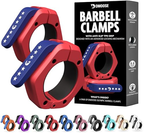DMoose Fitness Barbell Clips 2 (Pair) - Quick Release Olympic Barbell Clamps with Anti Slip TPR Lining - Barbell Collars for Secure Weightlifting & Powerlifting (American - Non Magnetic)