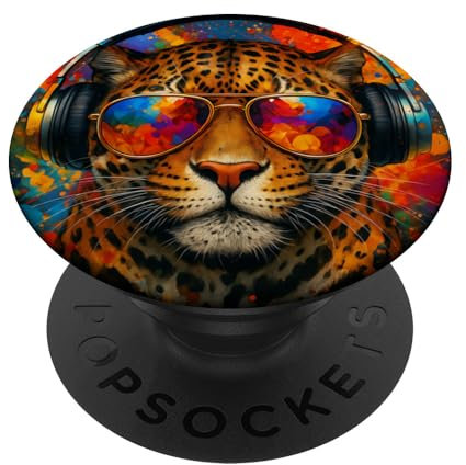 Jaguar Bunte Musik-Kopfhörer Cool DJ Sonnenbrille PopSockets Klebender PopGrip